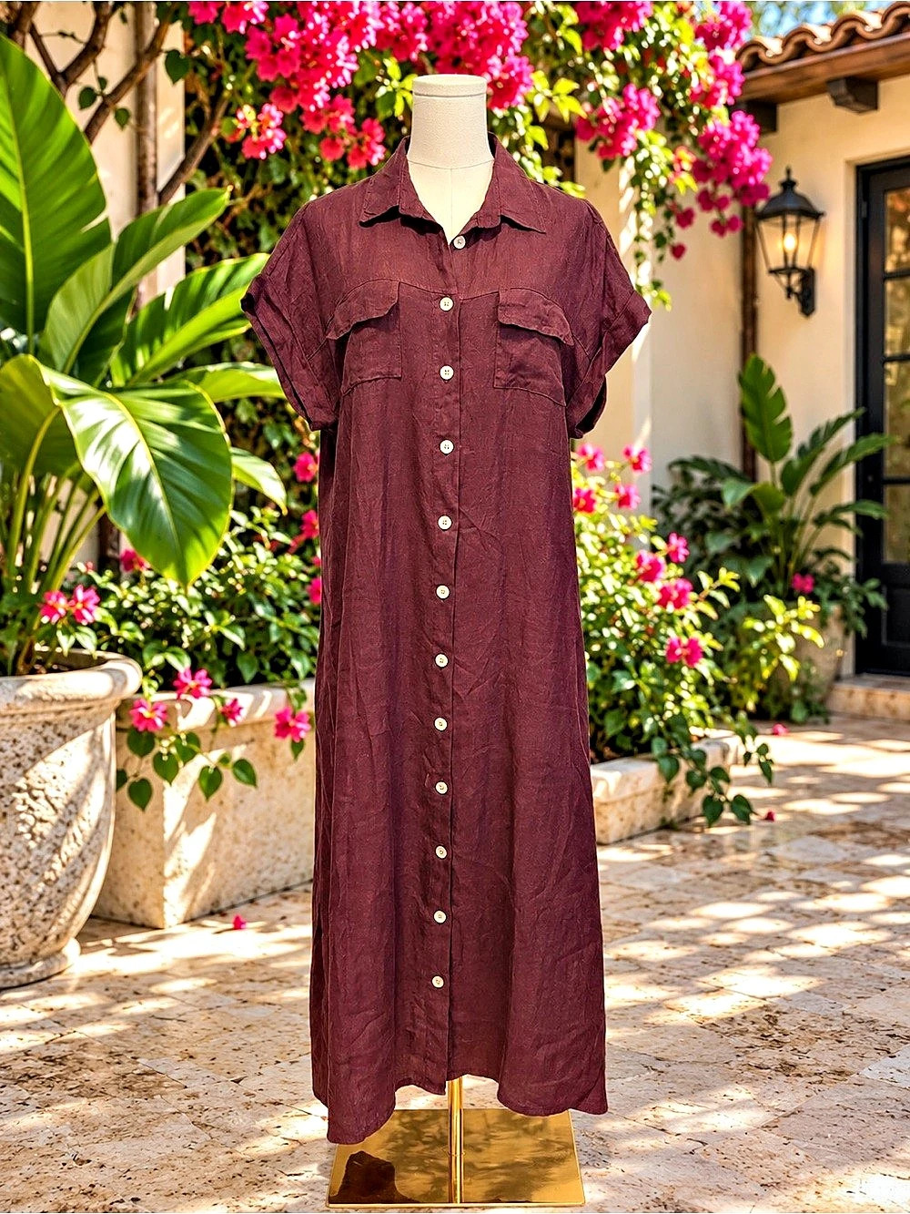 Made in Italy Burgundy Maxi Shirt Dress OS